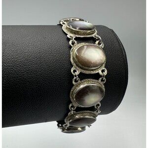 Vintage Black Mother of Pearl Bracelet Silver Tone Shell Cabochon 7 Inch